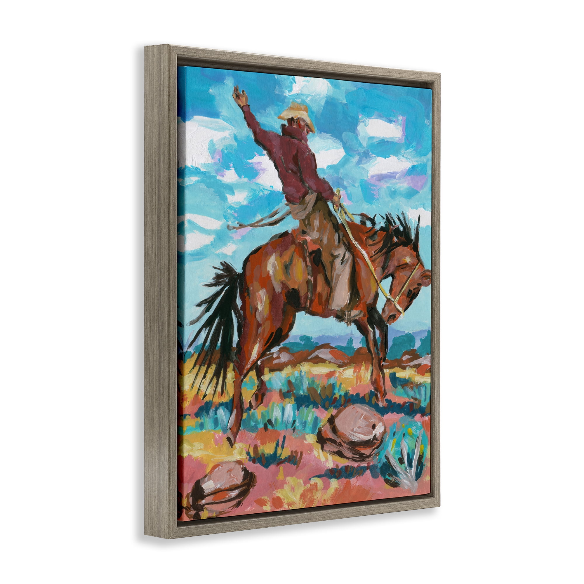 Stupell Industries Cowboy on Rearing Horse Animals Painting Brown Floater Framed Canvas Art Print Wall Art, 17 x 21