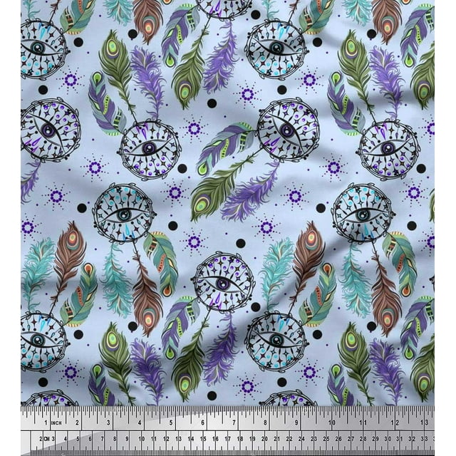Soimoi Polyester Crepe Fabric Eye,Dot & Peacock Feather Fabric Prints by Yard 52 Inch Wide