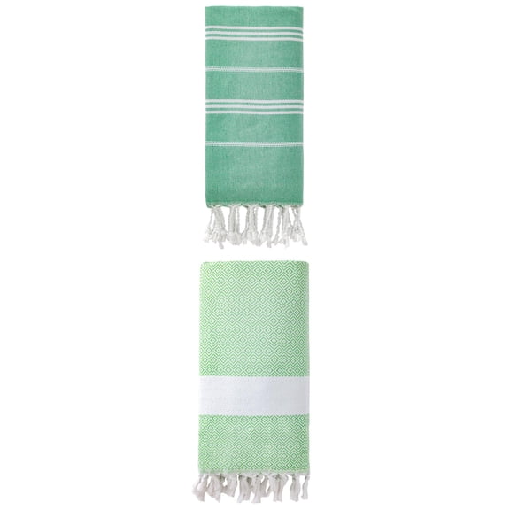 Unique Bargains 2Pcs Striped Sand Resistant Rapid Dry Towel Green 71" x 35"/71" x 40"