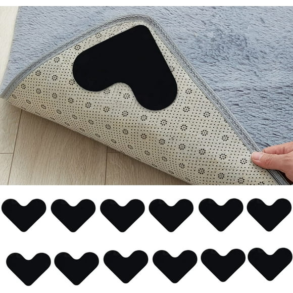 [12 Pack] Rug Gripper, Rug Corners to Hold Rug Down Anti Slip Double Sided, Pads Gripper Rug Carpet Tape Washable Rug Stickers for Wood Floor, Keep Corners Flat for Hardwood Floors and Tile (black)