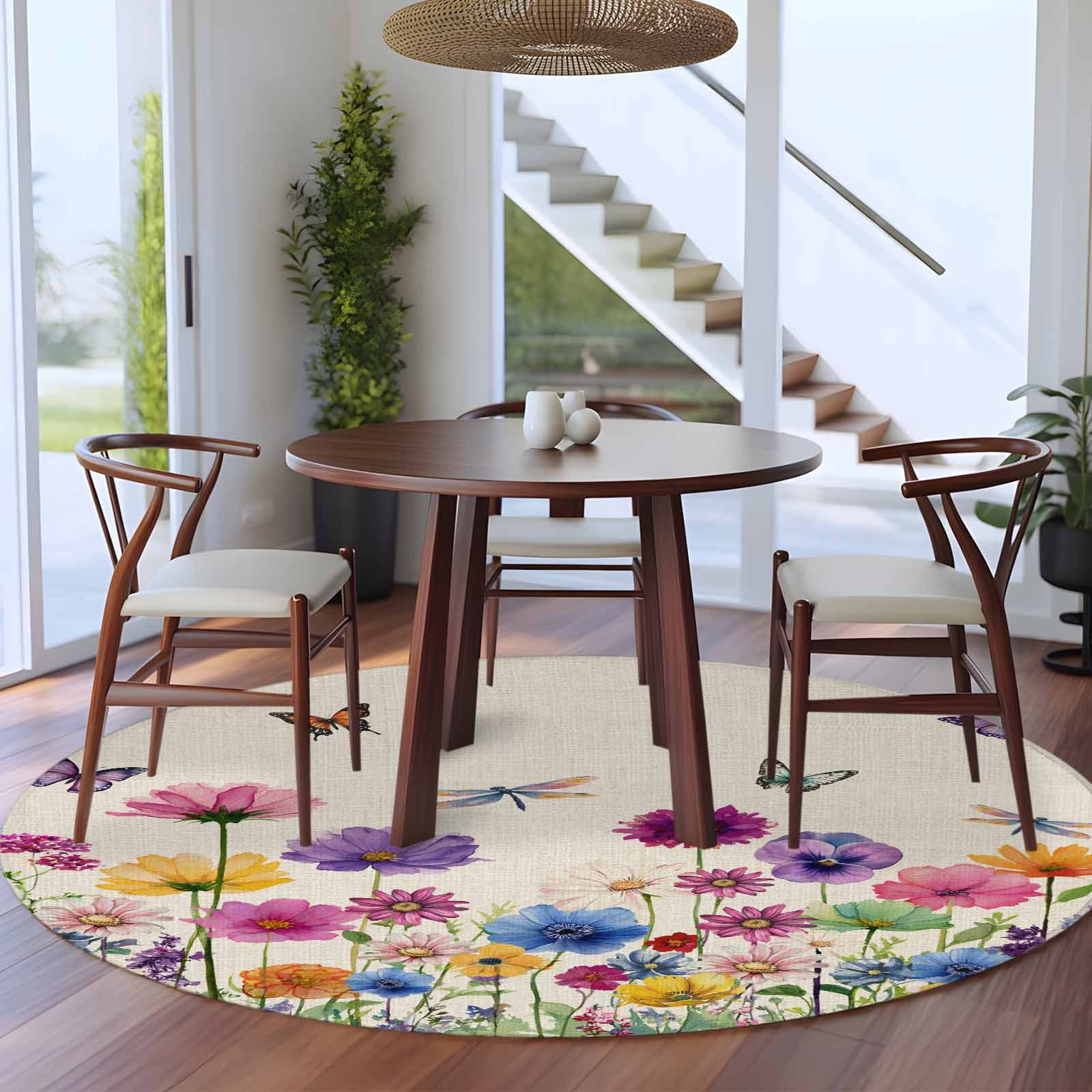 Round Rug 5Ft Washable Non-Slip, Vintage Flowers Circle Area Rugs for Living Room Bedroom, Watercolor Butterfly Dragonfly Daisy Beige Indoor Floor Mats Carpet Runner for Home Decor Aesthetic