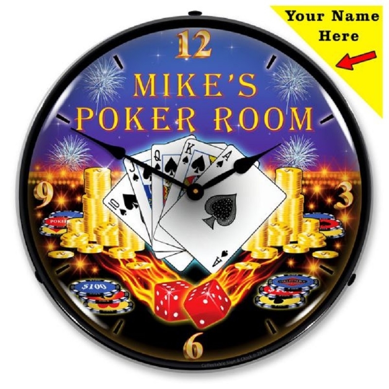Poker Room Cards Dice WALL CLOCK 14" LED Backlit Customize "Add Your