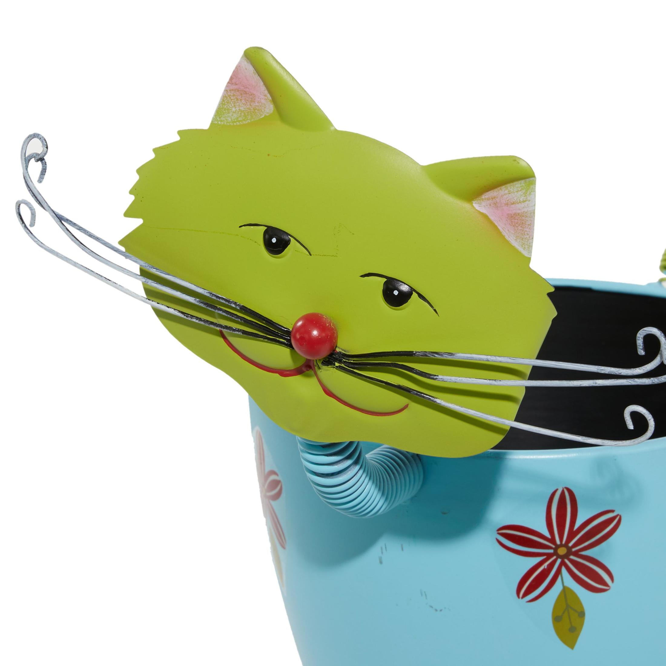 DecMode Blue Metal Cat Indoor Outdoor Planter with Flower Pattern, 16" x 8" x 19"