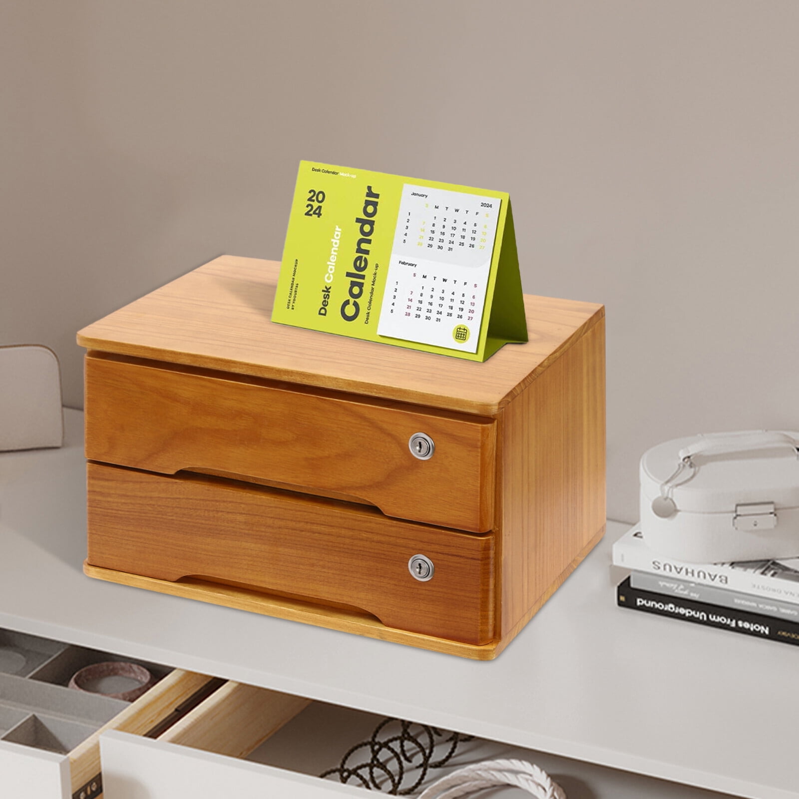 2-Tier Wood Yellow Rectangle Office Lockable Desktop Box Storage Drawer Files Organizer Multi-purpose