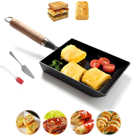 Qiyester Cast Iron Omelette Pan Rectangle Tamagoyaki Egg Roll Skillet Nonstick with Detachable Wood Handle Small Shovel Oil brush