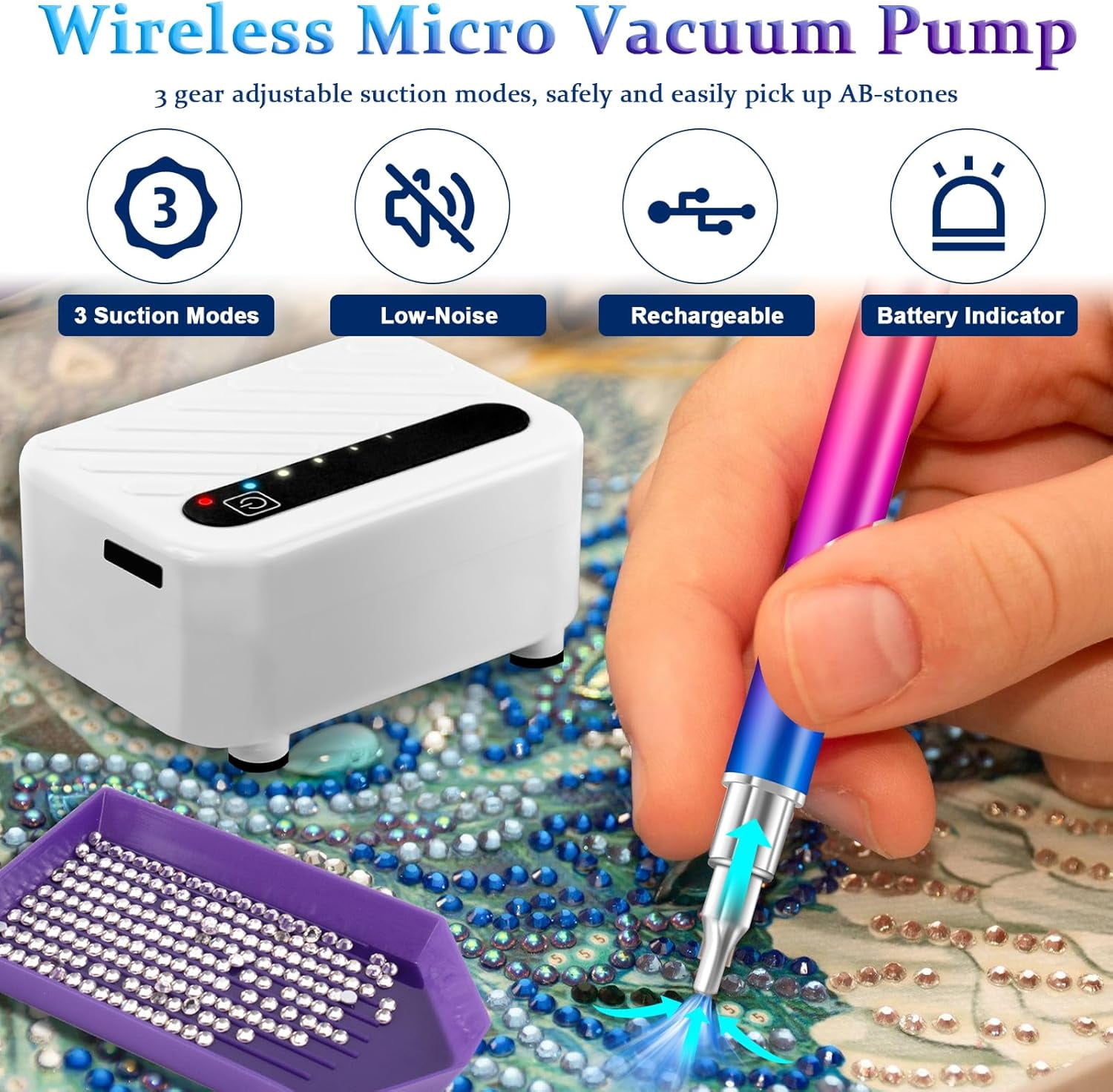 Electric Diamond Painting Pen, Diamond Art Accessories Vacuum Diamond Art Pen with Rechargebale Battery, Diamond Painting Accessories 3 Suction Modes & Indicator Lights for Adults Kids