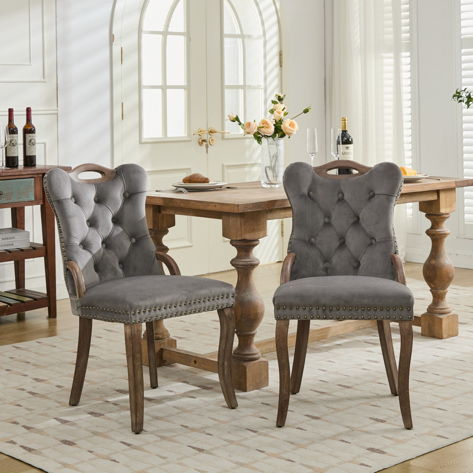 Aukfa Velvet Upholstered Dining Chair Set of 2,Elegant Accent Chair for Dining Room/Living Room, Solid Wood Legs & Tufted Trim,Gray