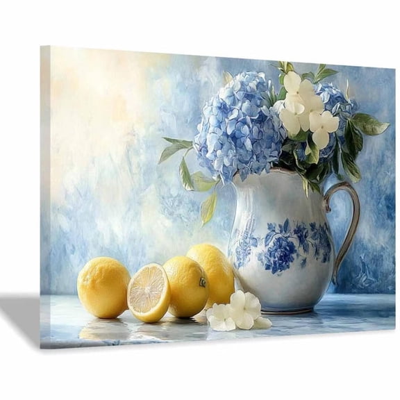Mudket Framed Canvas Wall Art Ready to Hang, Lemon Pitcher Still Life Canvas Print, Vintage Botanical Wall Decor, Farmhouse Floral Wall Art, Wall Pictures for Living Room Office - 12"L x 8"W