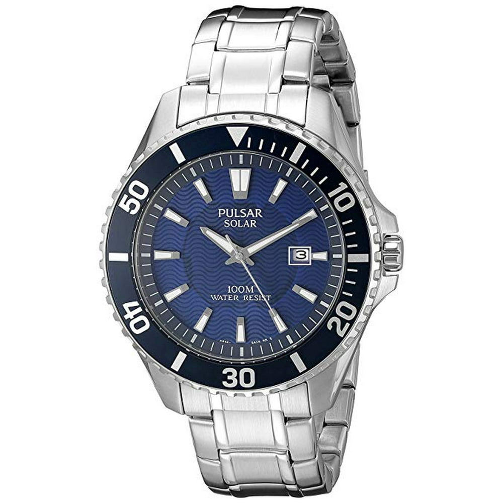 Pulsar Mens On the Go Solar Watch Blue Dial Stainless Steel Case