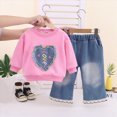 thumbnail image 2 of Toddler Girls Outfits 9 12 18 24 Months 2T 3T 4T 5T Girls Fall Winter Clothes Toddler Girls Ruffle Long Sleeve Cute Top Jeans Bell-bottomed Pants 2PCS Set Hot Pink Size 2-3 Years, 2 of 5