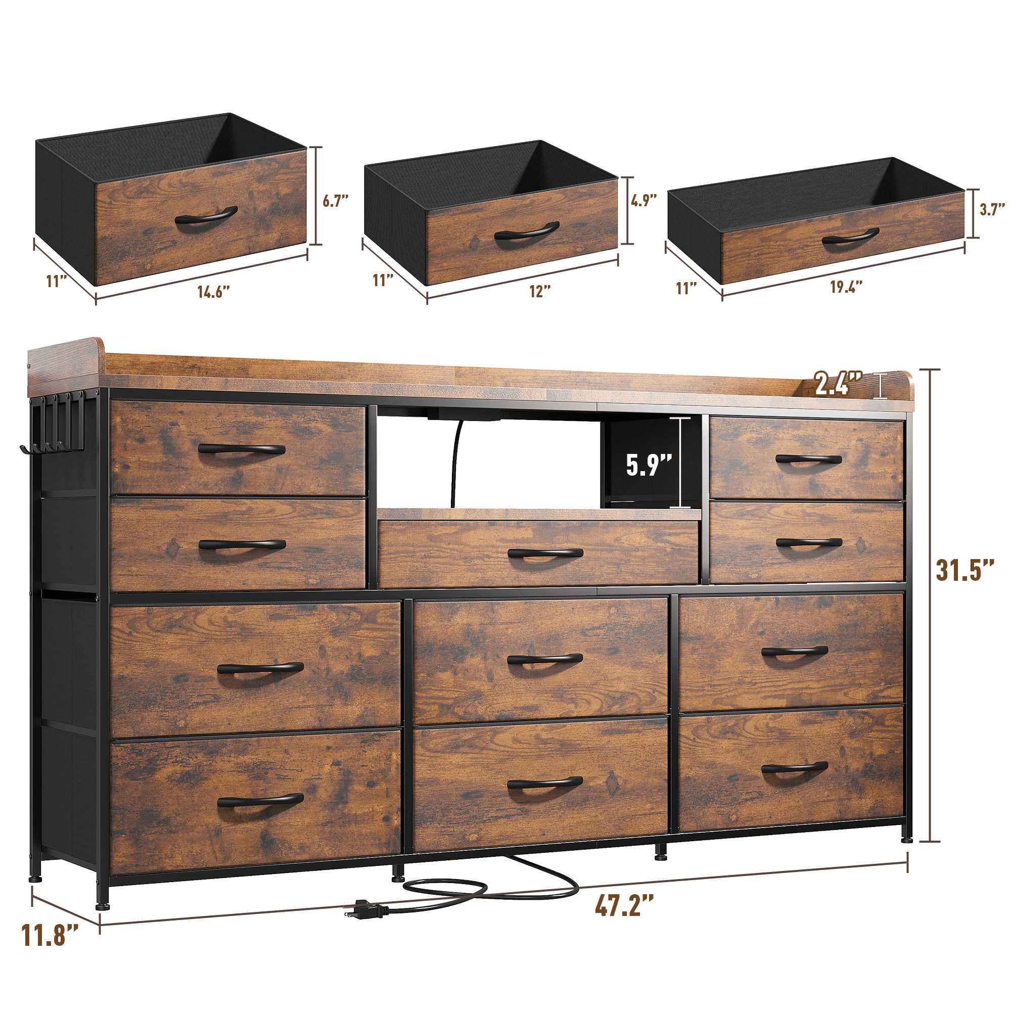 EnHomee TV Stand for 55" TV Fabric Dresser with LED Lights & Power Outlets,Rustic Brown