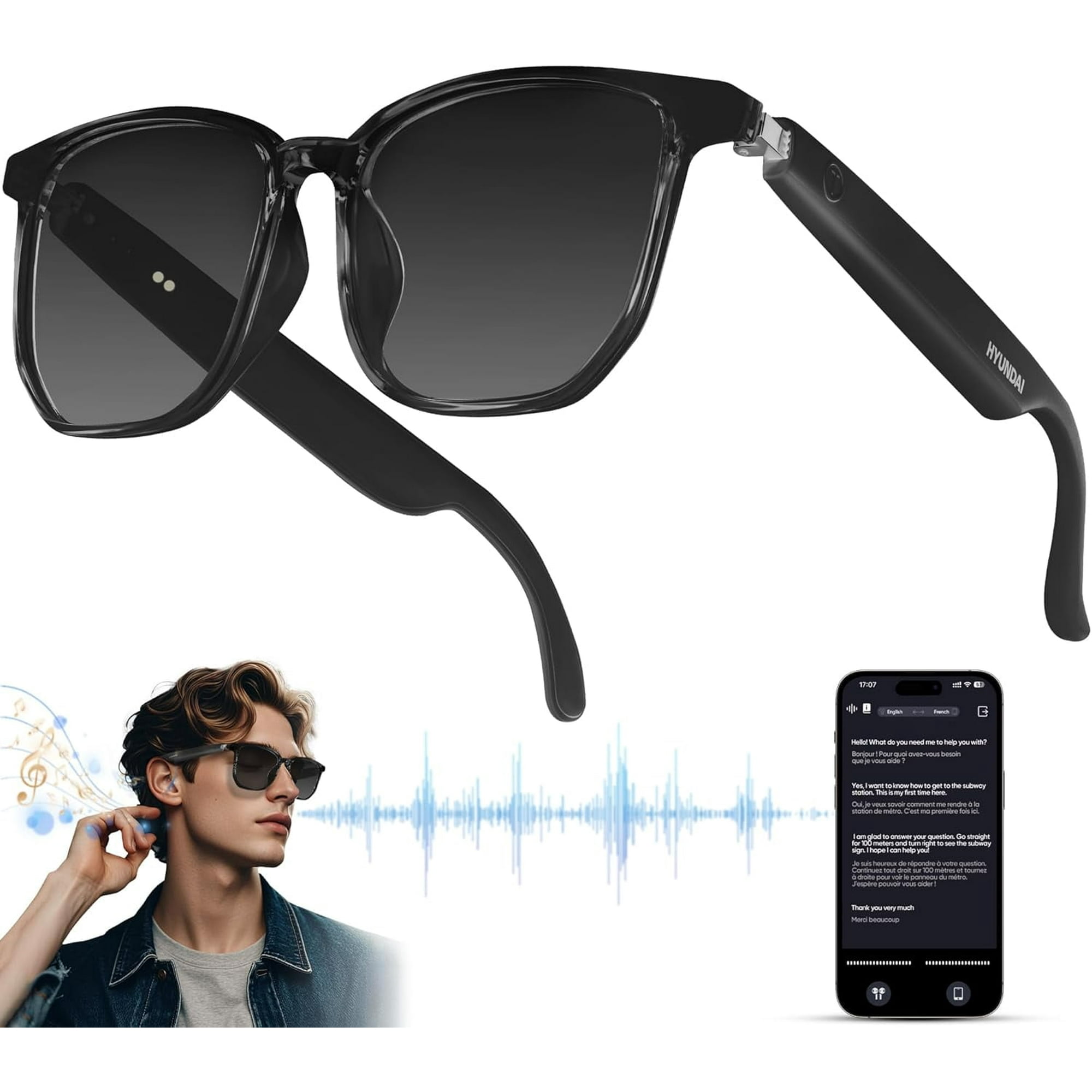 Smart Glasses with AI,Bluetooth Glasses with 150+ Translation,Smart Glasses for Men&Woman,Multifunctional Bluetooth Glasses for Men