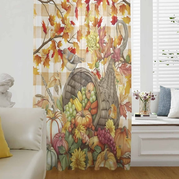 Orange Fall Pumpkins Semi Sheer Curtains Drapes for Living Room, Bedroom, French Doors Window 63 Inches Long, Thanksgiving Autumn Botanical Rod Pocket Chiffon Curtain Drapery Voile Draperies Panel