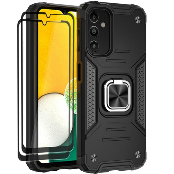Aggxpf Samsung A14 5g Case with Screen Protector Pack, Tempered Screen Protector Phone Case with Metal Ring Stand for Galaxy A14 5G, Black