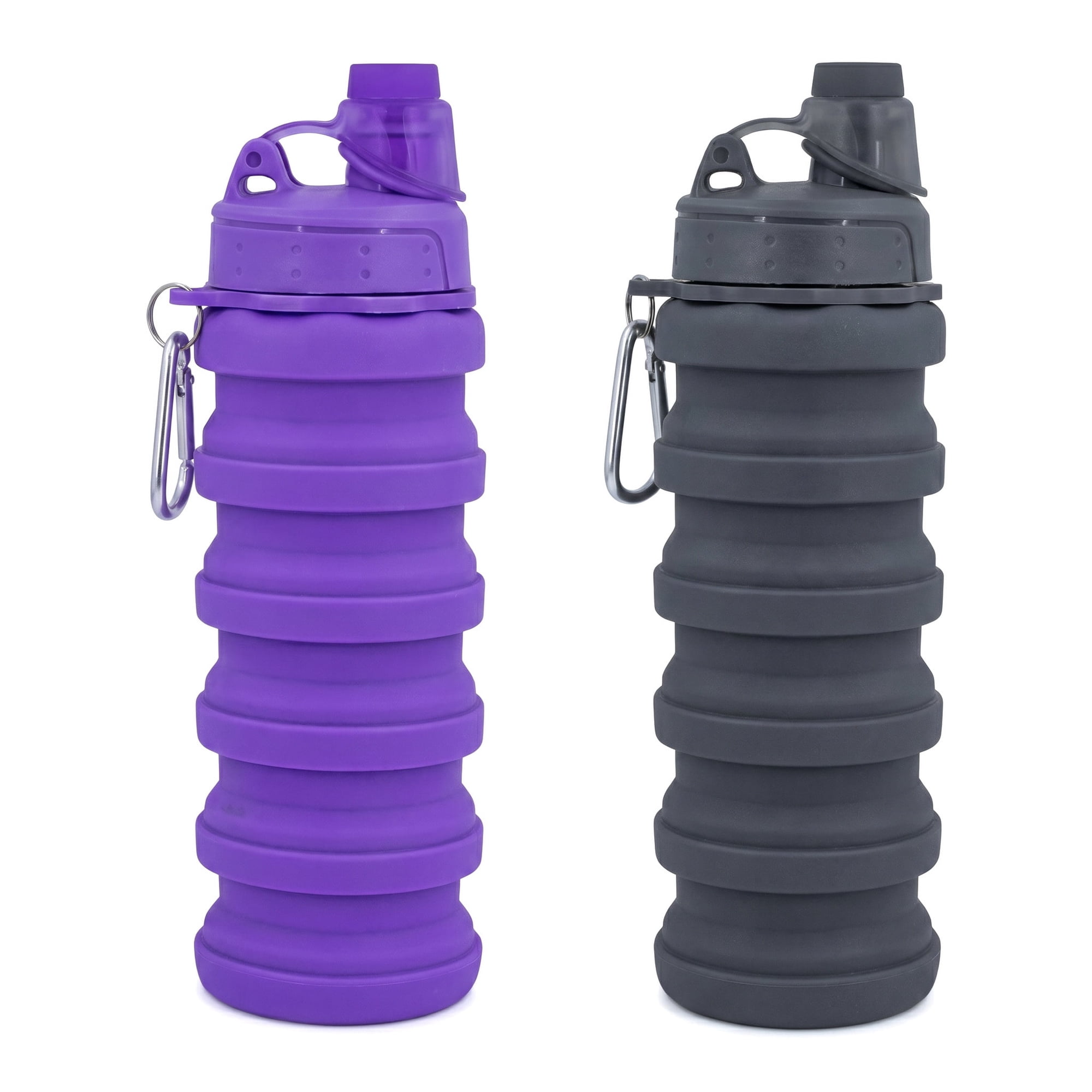 Travel water bottle Sports Portable Sport Water Bottle Reusable Water Bottles comes with mountaineering Buckle 500ml silicone Water-proof camping water bottle 2 pack,Purple+Grey