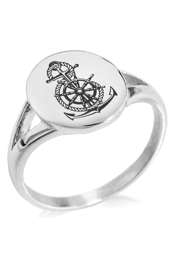 Stainless Steel Nautical Anchor Ship Helm Wheel Minimalist Oval Top Polished Statement Signet Ring