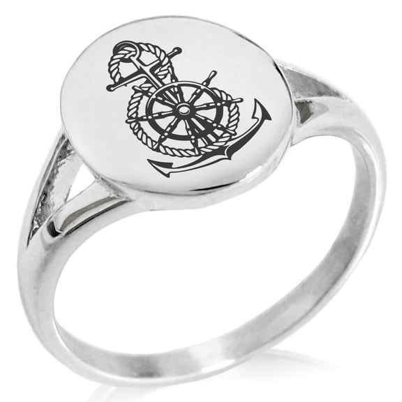 Stainless Steel Nautical Anchor Ship Helm Wheel Minimalist Oval Top Polished Statement Signet Ring