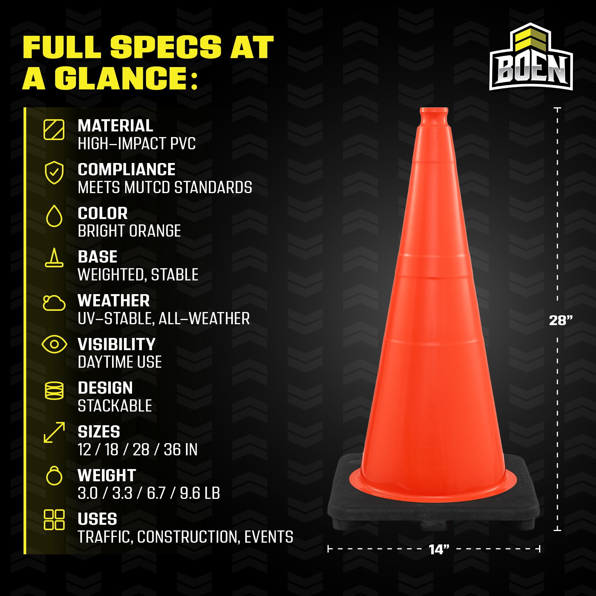 BOEN 28 in Orange Non-Reflective Traffic Cone, 7 lb Work Zone Safety, 1 Pack