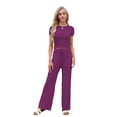 thumbnail image 3 of Womens Summer 2 Piece Outfits Color Block Short Sleeve Tops Tracksuit Slim Fit Pants Matching Set Lounge Sets 2026 Purple Red S, 3 of 8