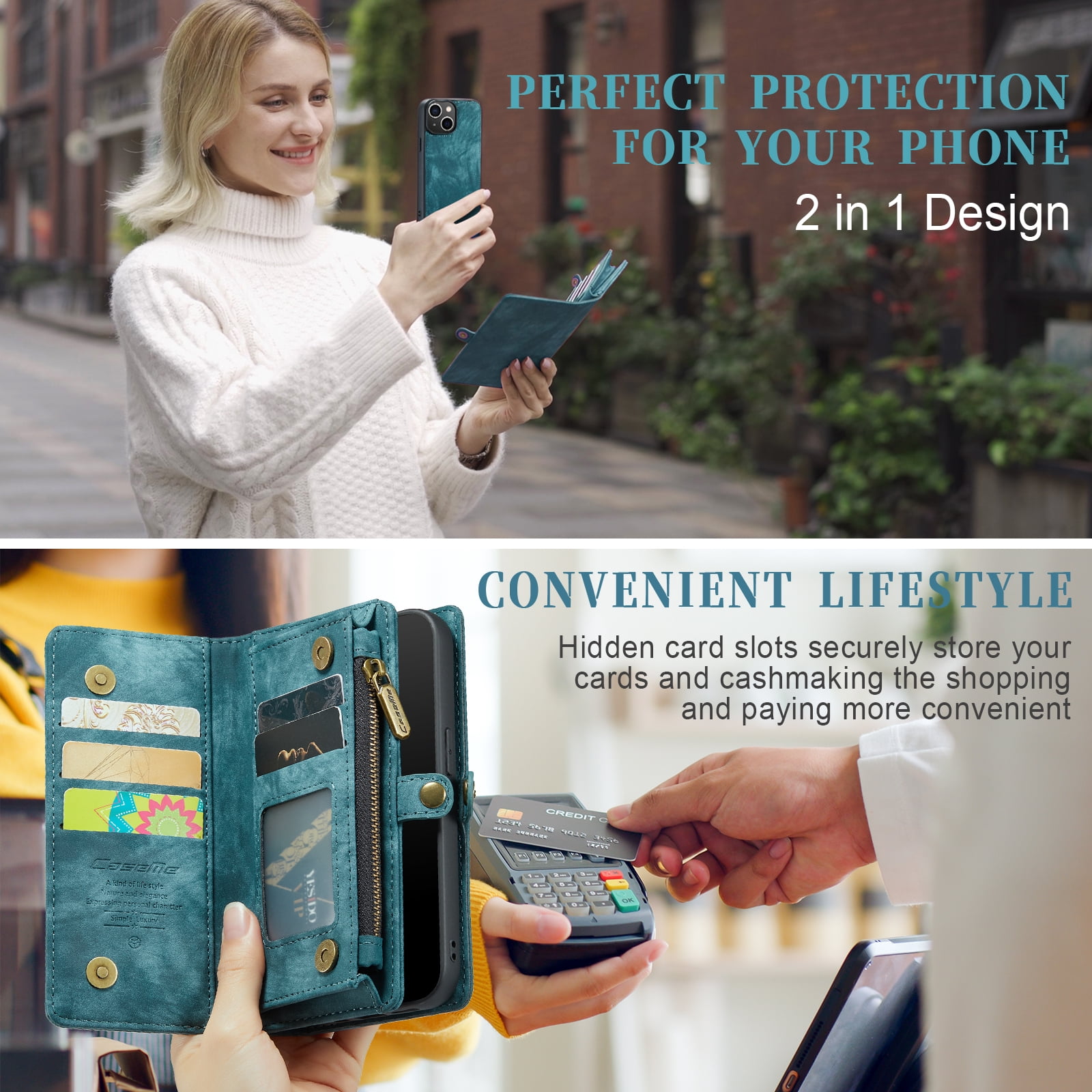 Feishell Durable 2-In-1 Magnetic Detachable Wallet Case for iPhone 13,for Women Men,Premium PU Leather Zipper Pocket Flip Multi Card Slots Purse Phone Case with Wrist Strap,Green