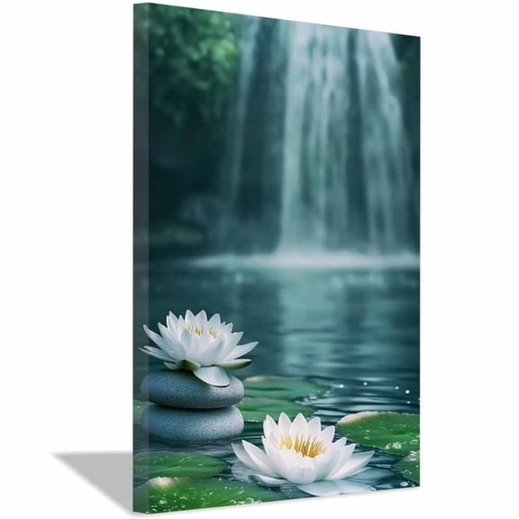 Mudket White Water Lily Lotus Flower with Zen Stones Canvas Wall Art, Serene Waterfall Botanical Wall Decor, Framed Ready to Hang for Living Room Bedroom Bathroom, Floral Print - 12"L x 8"W