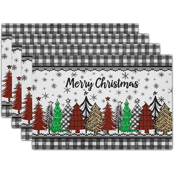 Christmas Placemats Set of 4, 12x18 Inch Xmas Tree Buffalo Plaid Washable Cotton Linen Table Place Mats Rectangler for Farmhouse Seasonal Winter Holiday Dinner Party Decor
