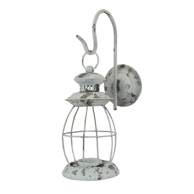 Zeckos Candelabro de vela colgante de farol de ferrocarril montado en la pared de metal envejecido rústico, blanco Zeckos E19158-WT