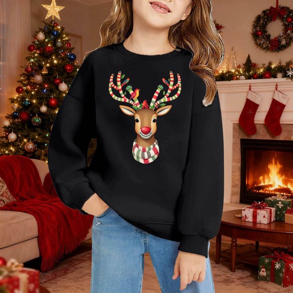 Girls Sweatshirt Kids Holiday Tree Print Pocket Crew Neck Long Sleeve Hoodless Top Black 3-4 Years