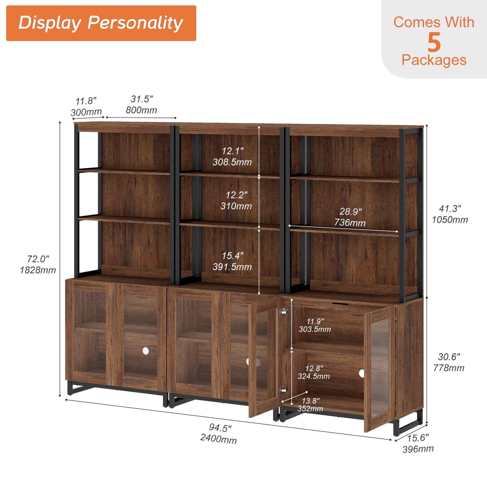 WAMPAT 3-Piece Modern 72" Tall Library Bookcases with Glass Doors & Adjustable Shelves, Wood Bookshelves with Storage Cabinet & Open Shelves for Home Office & Living Room, Brown