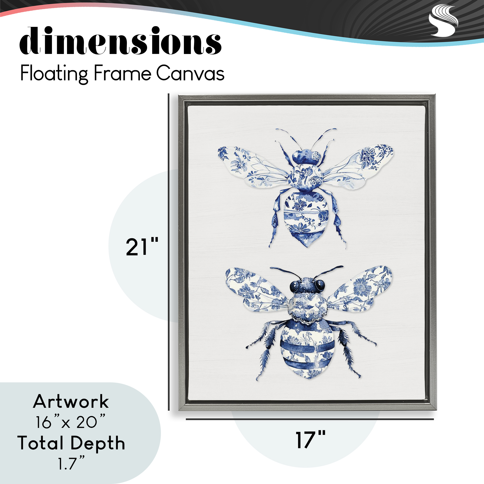 Toile Patterned Bees Gray Framed Floater Canvas Wall Art, design by Lettered and Lined