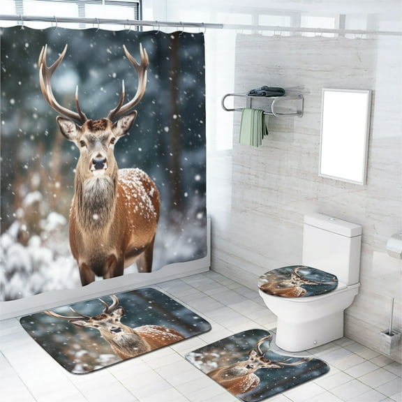 Winter Snowy Forest Deer 4 Pcs Shower Curtain Sets Christmas Pine Tree Snowflake Elk Reindeer 4 Pcs Shower Curtain/ Non-Slip Bathroom Rugs/ Lid Toilet Cover/ Bath Mat 70.8×70.8