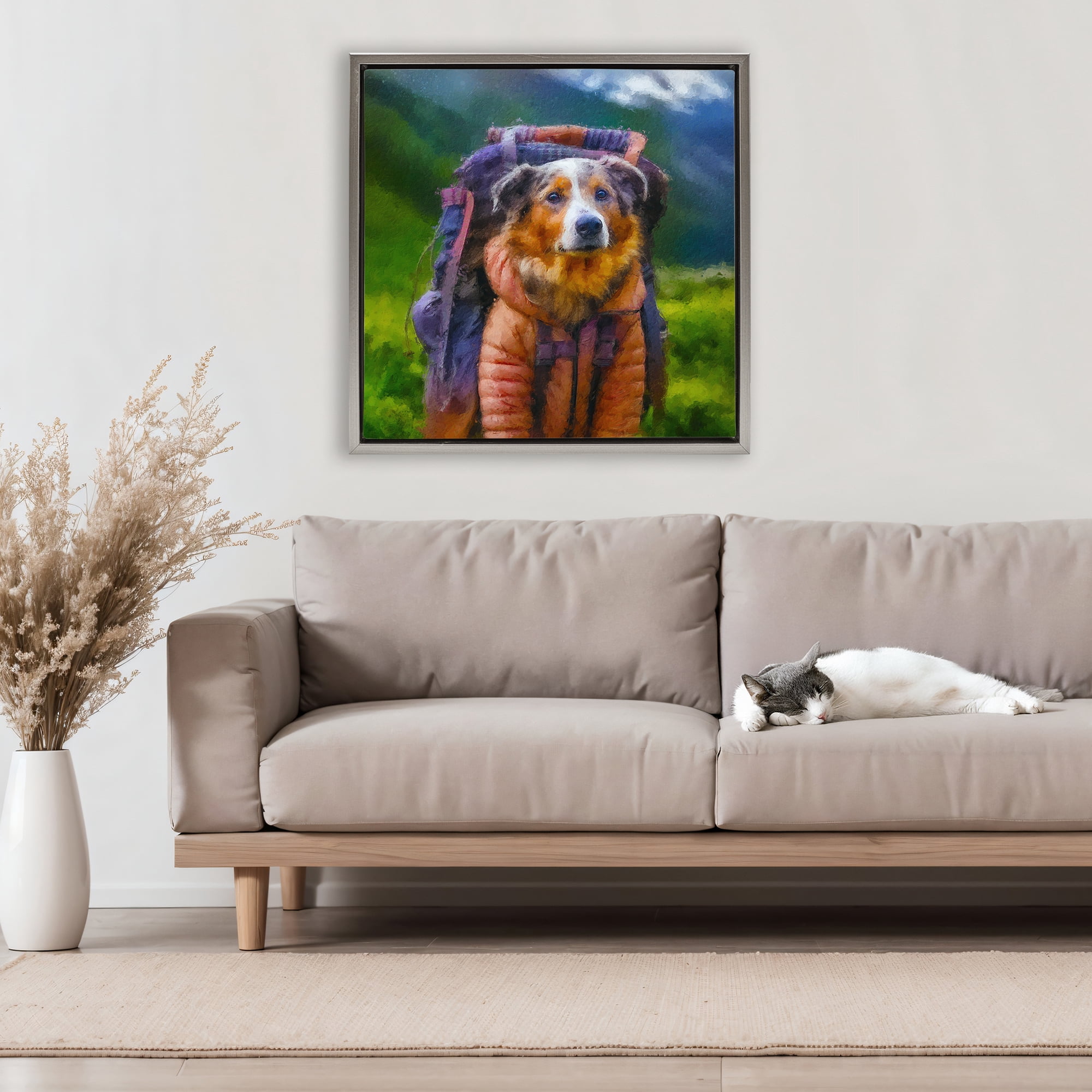 Stupell Industries Backpacking Hiker Dog Gray Framed Floater Canvas Wall Art, design by Sean Parnell