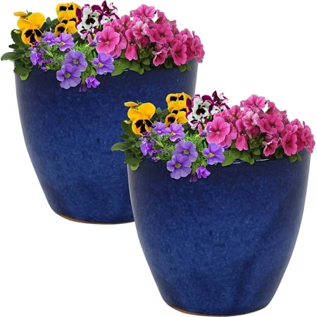 HJTERcbcterSunnydaze Resort Round Ceramic Planter - Set of 2 Indoor or Outdoor Plant Pots with Drainage Hole - 8" - Imperial Blue Glaze