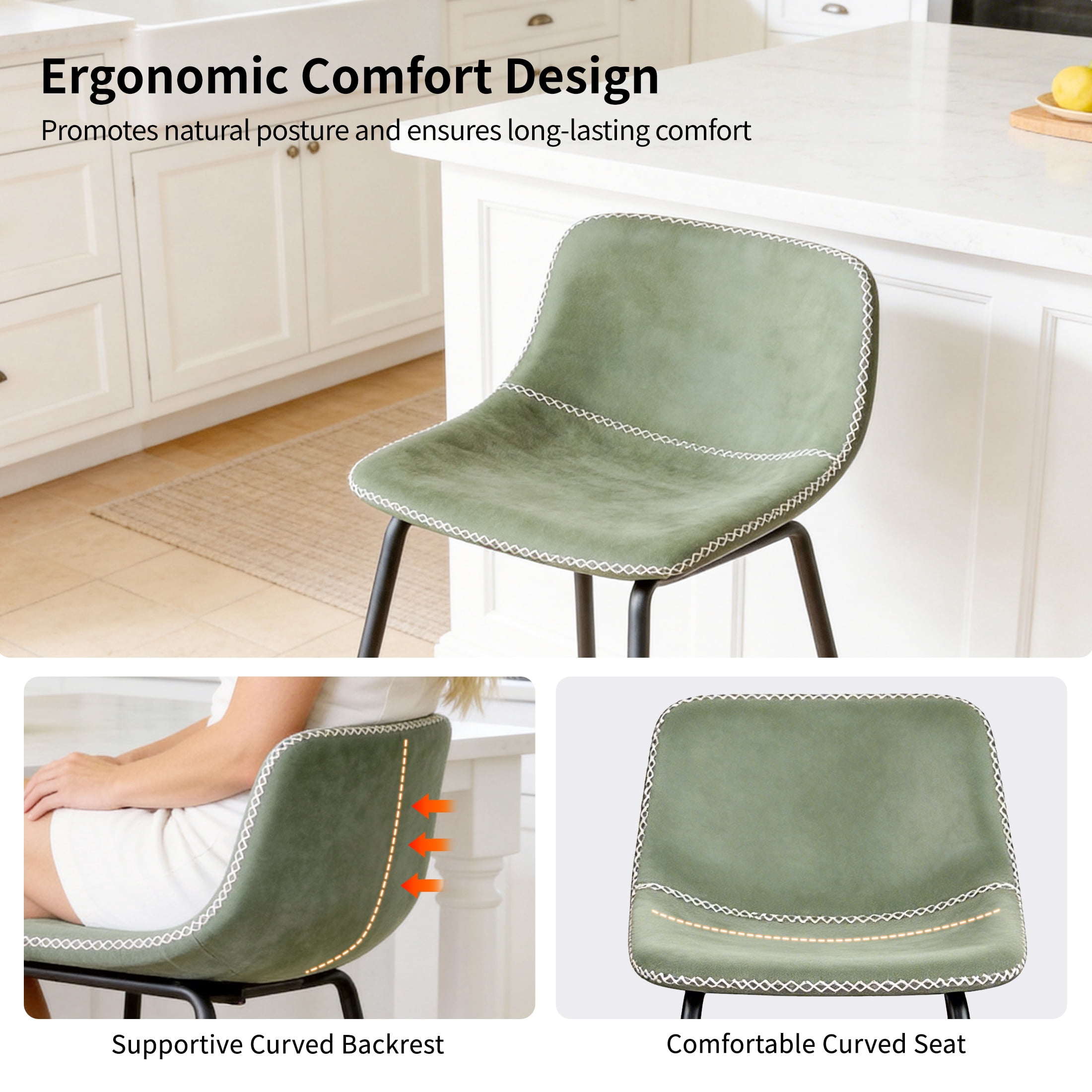 FIRAVOE Bar Stools Set of 3, 30 Inch Counter Height Bar Stools with Back, Faux Leather Modern Barstools High Bar Stools Chairs for Kitchen Island, Green