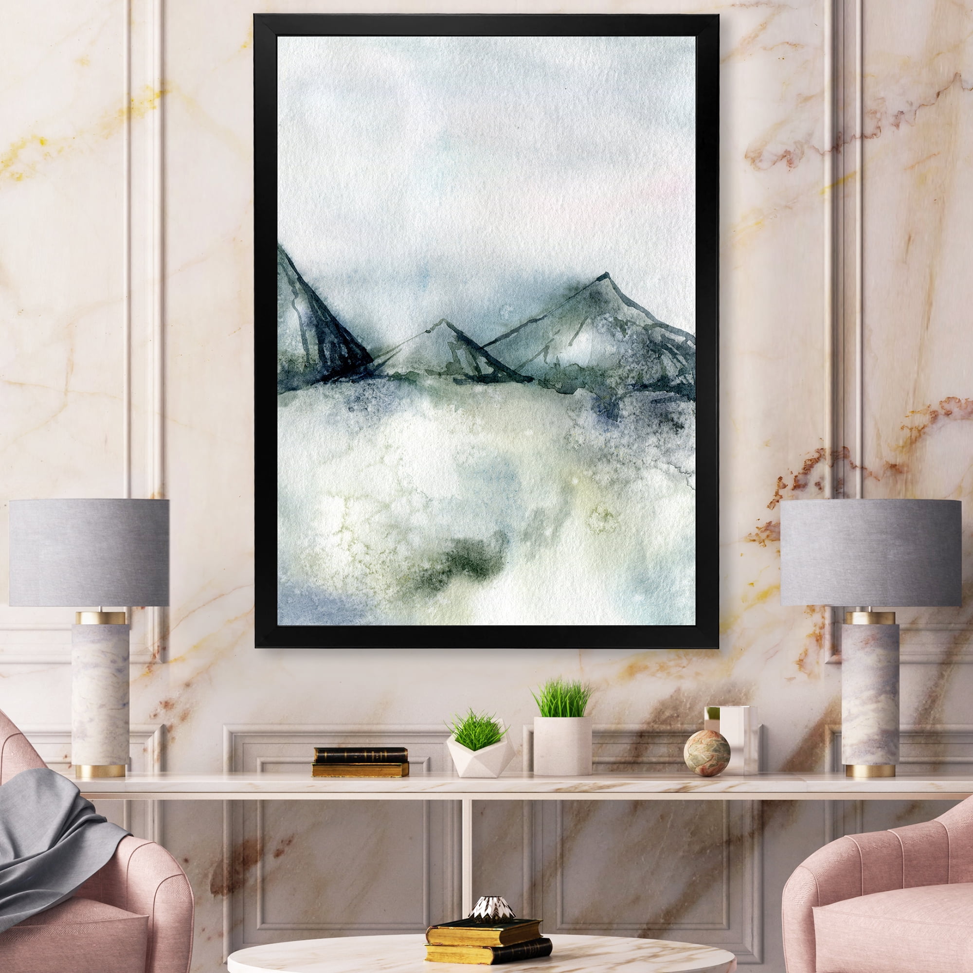 Designart 'Dark Blue Mountain Landscape Winter Minimalistic' Modern Framed Art Print