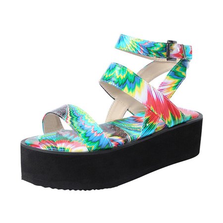 

Womens Platform Heel Sandals Summer Multi-Color Ankle Strap Buckle Sandals Shoes Open Toe New
