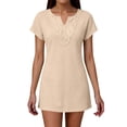 thumbnail image 2 of Womens Shift Dress Short Sleeve Split Neck Dress Mini Dresses with Lace Hem Casual Daily Beachwear Beige S, 2 of 4