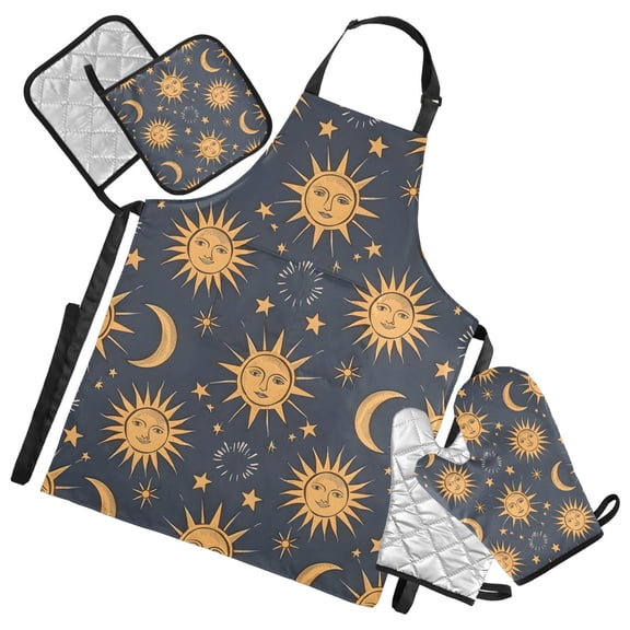 Sun Faces and Moon 5 Pcs Kitchen Set Heat Resistant Oven Mitts and Non-Slip Pot Holders with Adjustable Cooking Apron