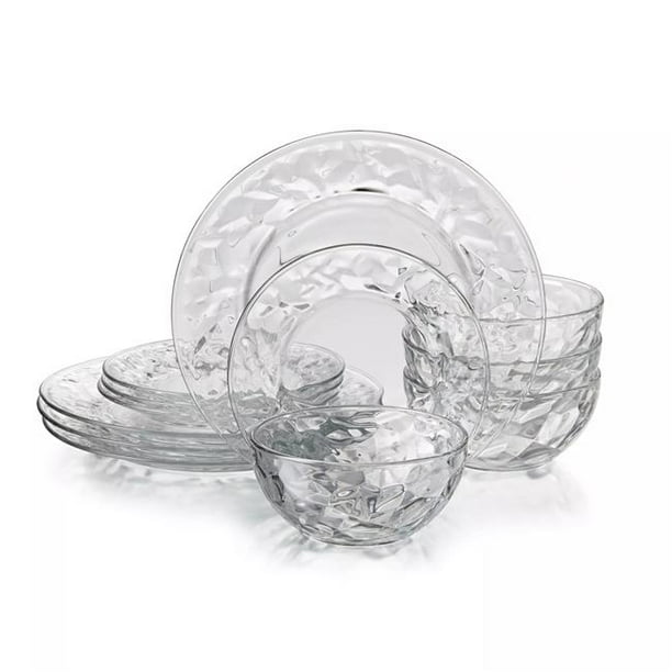 Red Pomegranate Collection 09500 Rocher Glass Dinnerware Set, Clear 12 Piece