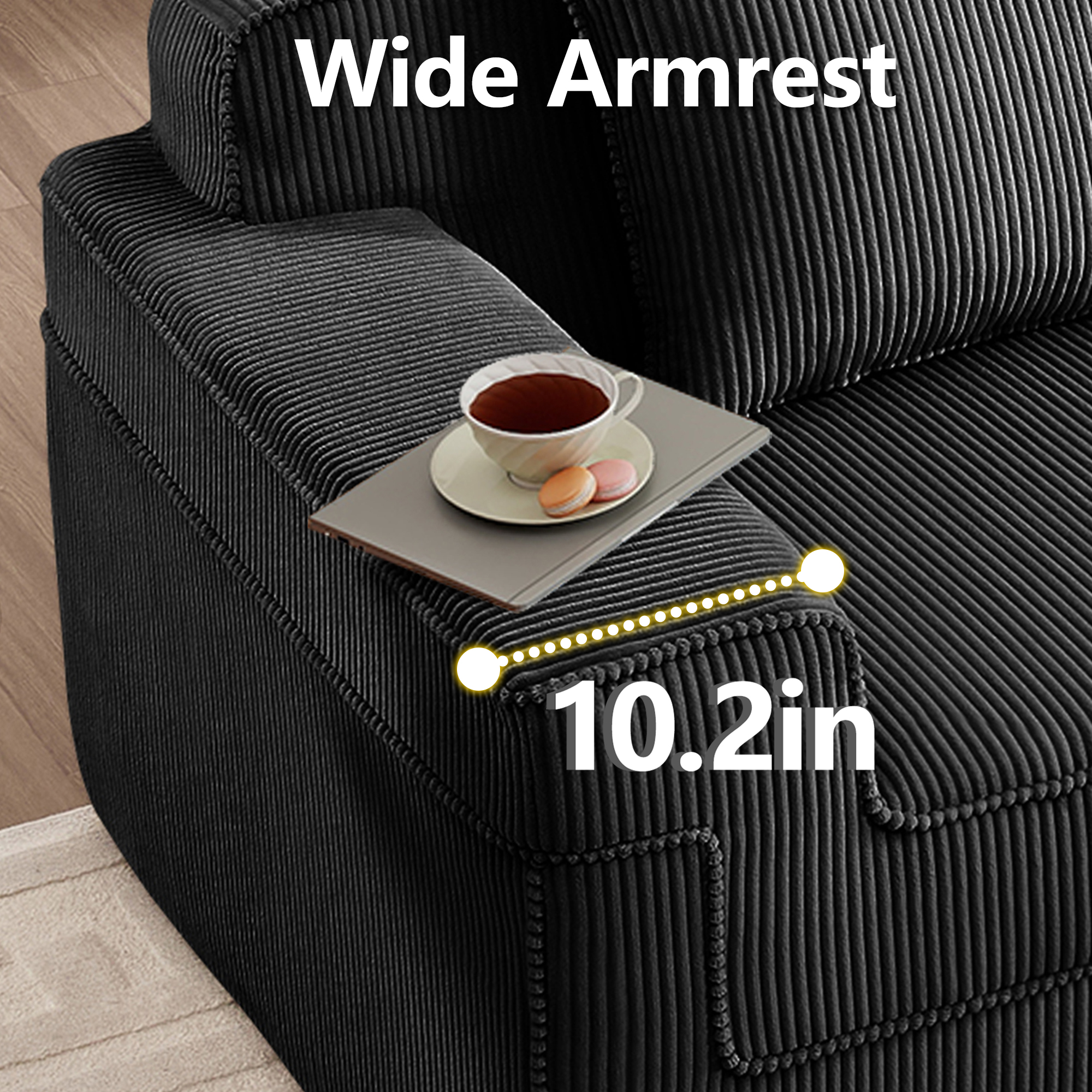 Modular 2 Seat L Shape Sectional Boneless Sofa, Cloud Sectional Couch with Deep Seat, Modern Modular 2-Seat Sofa Couch with Throw Pillows and 1 Movable Ottoman, Corduroy Fabric Black