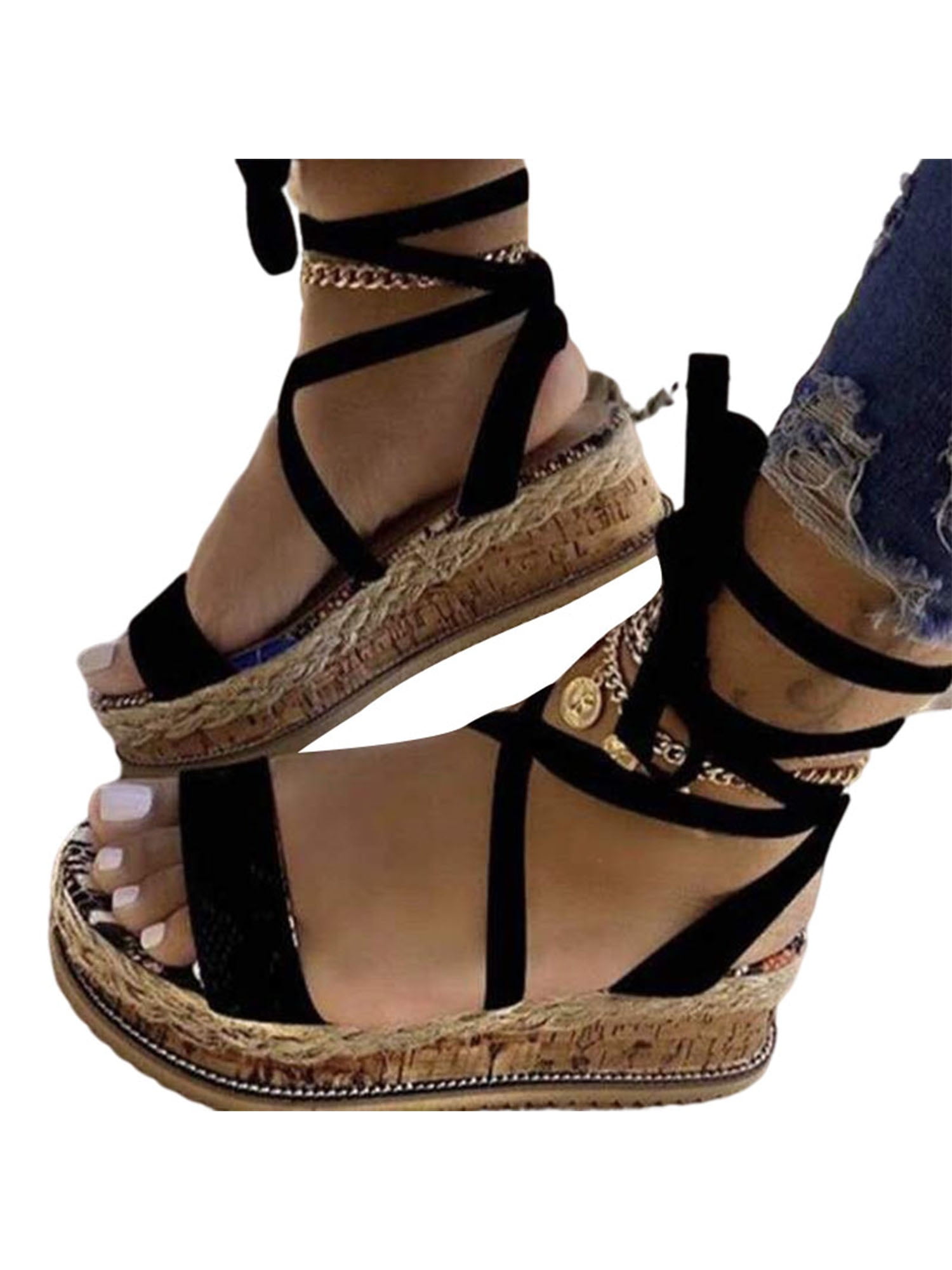 Forever 21 Black Lace Up Ghillie Wedge Heel Sandals 8 M | eBay