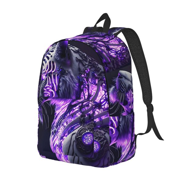 Disketp Purple Pattern White Tiger print Canvas Backpack Lightweight Travel Daypack Student Rucksack Laptop Backpack-
