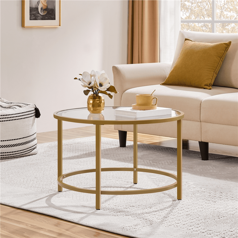 Renwick Modern Glass Top Coffee Table with Adjustable Foot Pads, Gold