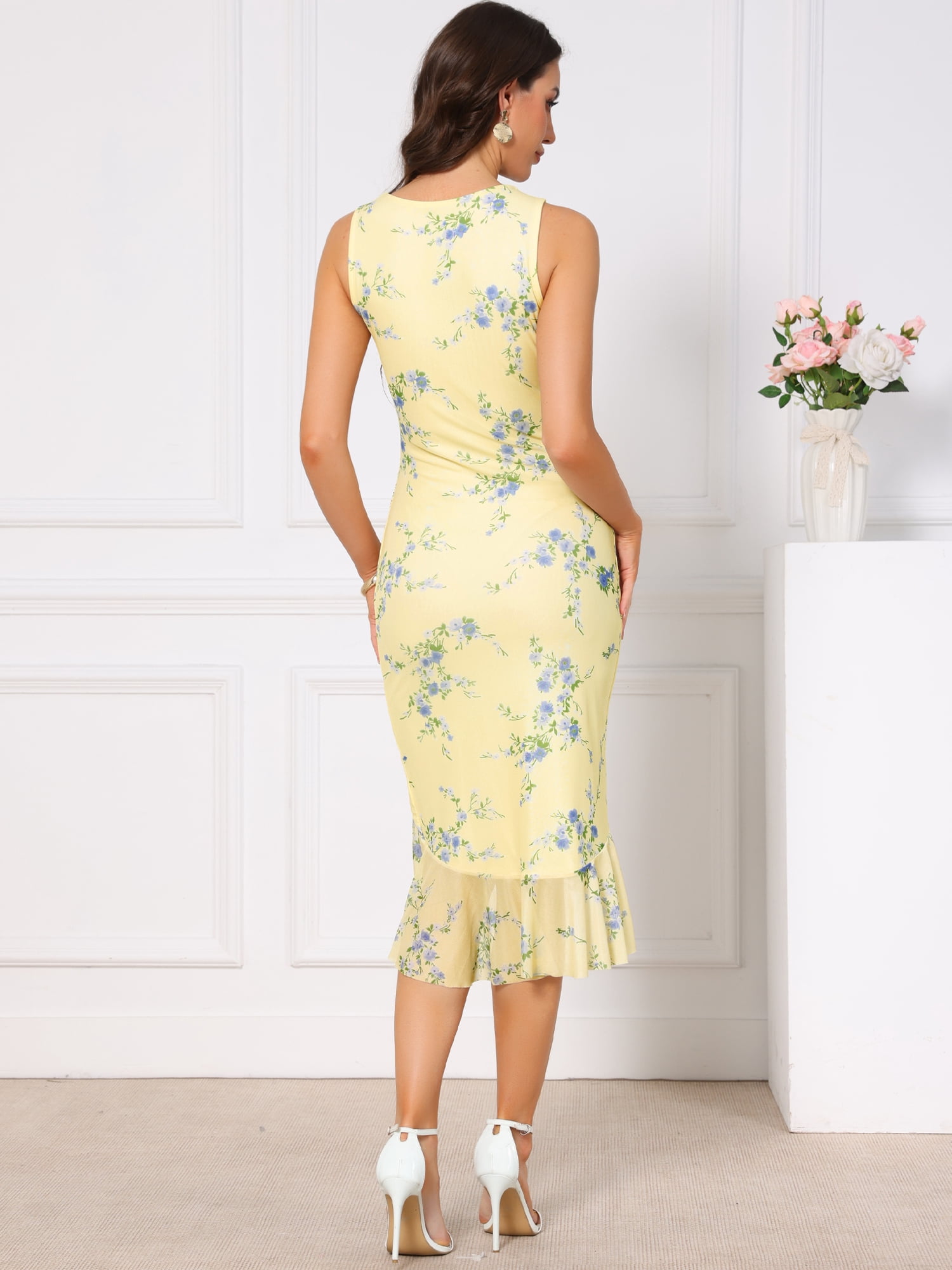 DARING DIVA Women's Summer Floral Bodycon Sleeveless Square Neck Dress XL Yellow