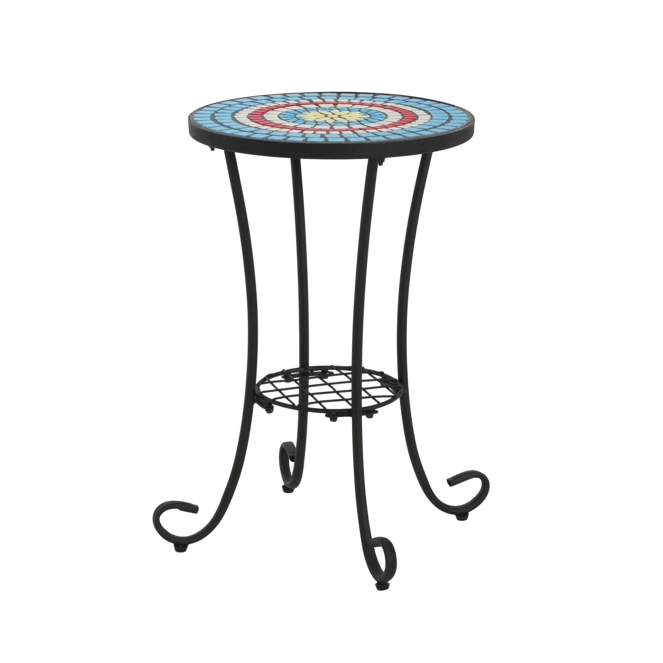 Trulisa Outdoor Patio Round Side Table with Shelf, Ceramic Tile, Iron, Black + Colorful