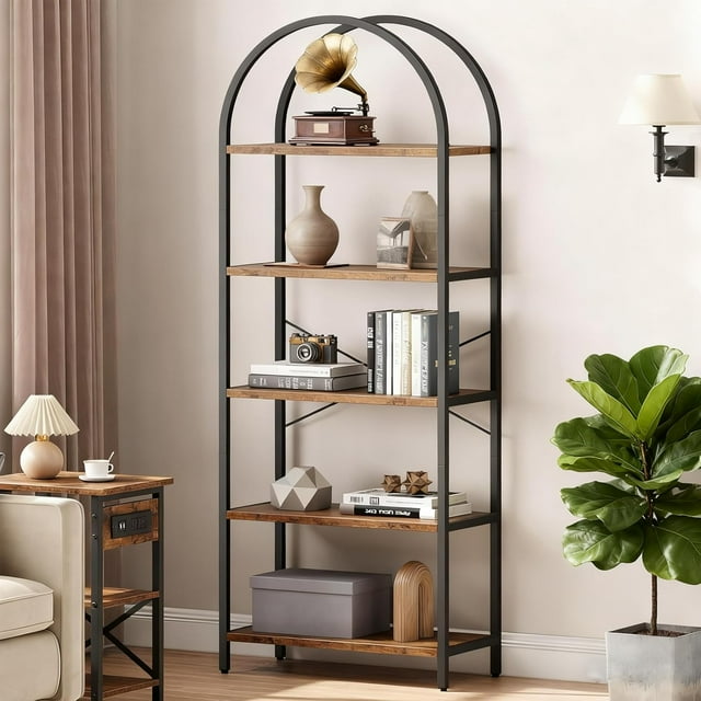 5 Tier Arched Bookshelf, Industrial Open Back Bookcase, Modern Freestanding Display Shelving Unit Storage Rack with Metal Frame for Bedroom Living Room, Brown