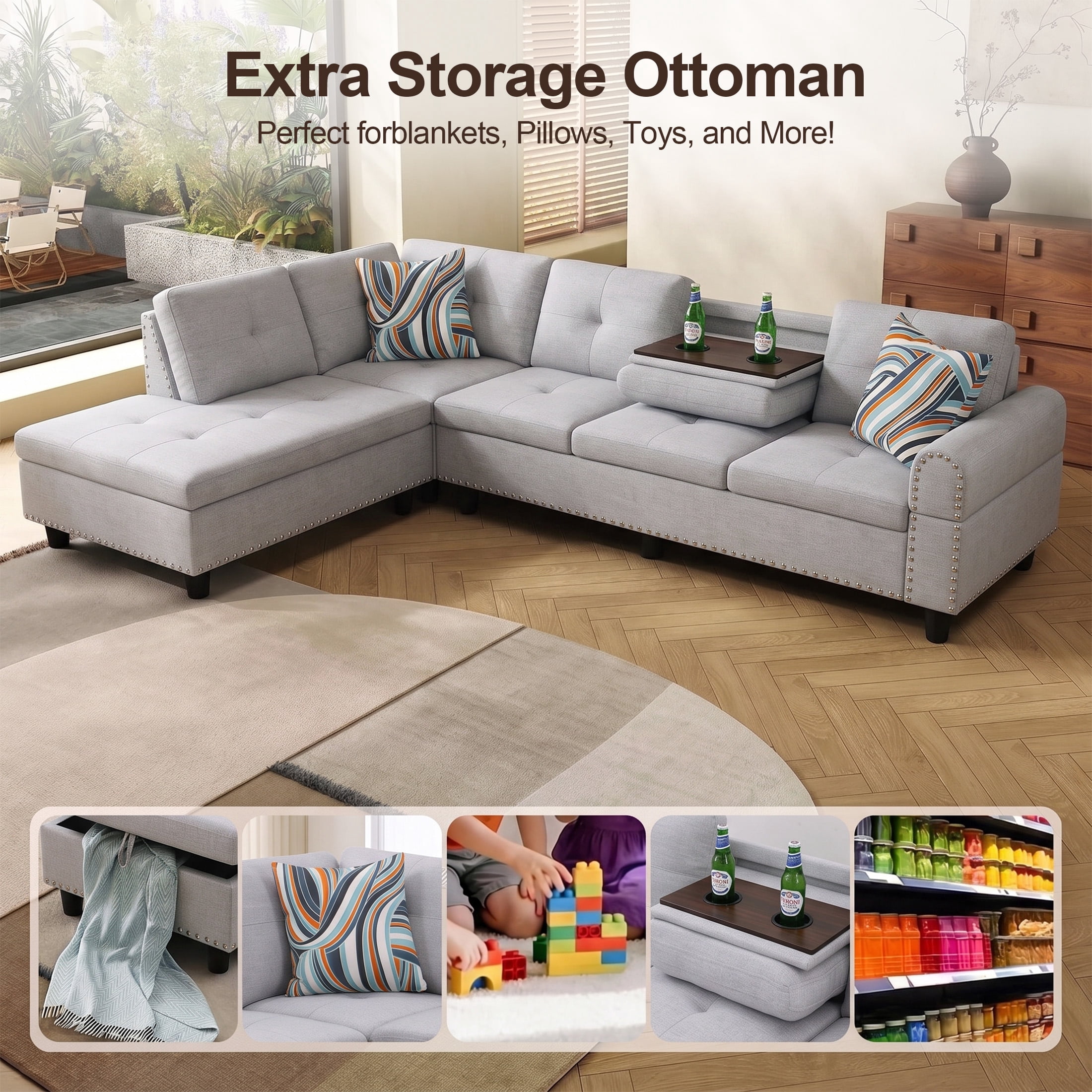 AENKYO 98" L-Shaped Sectional Sofa with Reversible Chaise and Cup Holders, Flannel, Light Gray