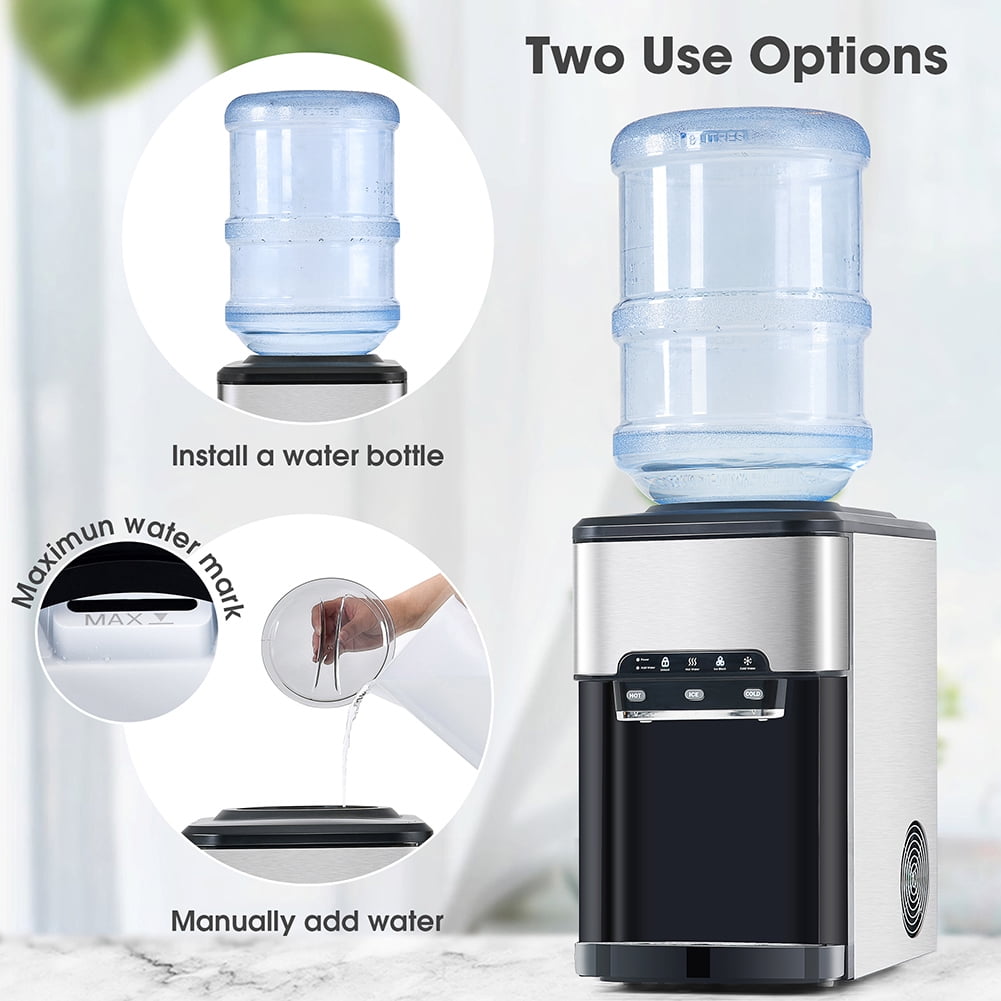 Resenkos 3 in 1 Water Dispenser with Ice Maker Countertop, Portable Water Cooler, Quick 6 Mins Ice-making, Hot & Cold Water and Ice, Black and Silver