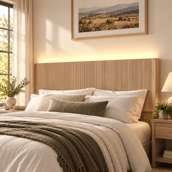 HMstone Queen Size Boho Headboard Only, Modern Fluted Wall-Mounted Head Board with Lighting, Wood Bed Headboard Stylish Bedroom Decor, Natural