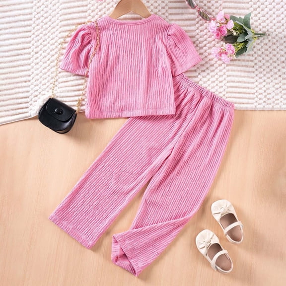 SONGGE Girls Summer Outfit Sets 2 Piece Casual Knit Tops And Long Pants Toddler Girls Clothing Soft Comfortable Playwear For Daily Cartoon Soft Clothing Sets